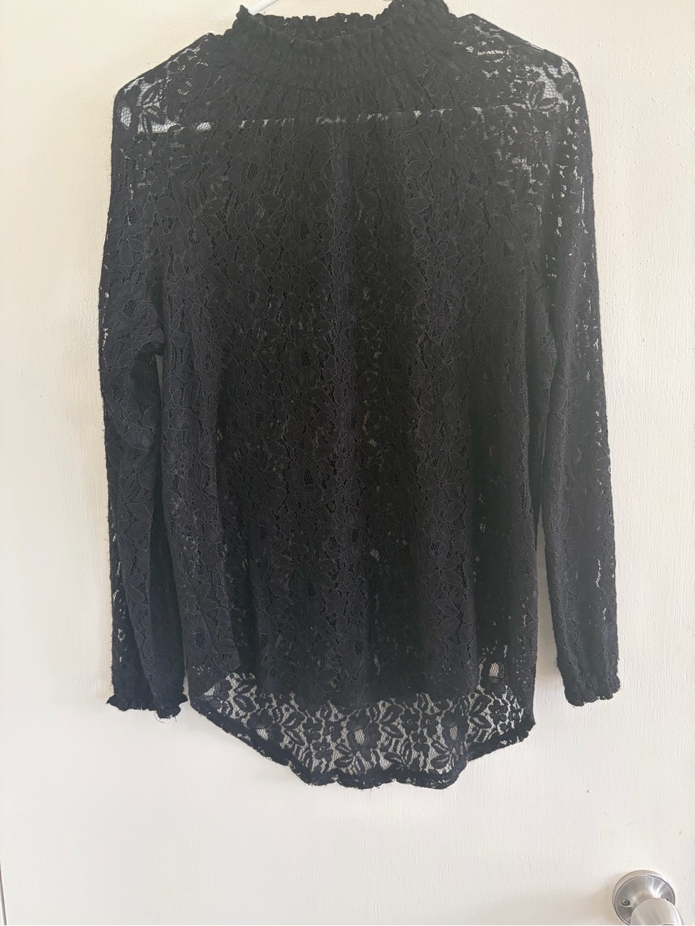 Sheer Black Lace Long-Sleeve Mock Neck Top
